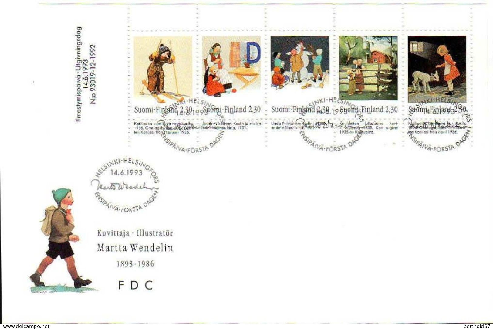 Finlande Poste Obl Yv:1184_88 Mi:1218 Martta Wendelin 14.6.1993 (TB Cachet à Date) Fdc 14-6-1993 - FDC