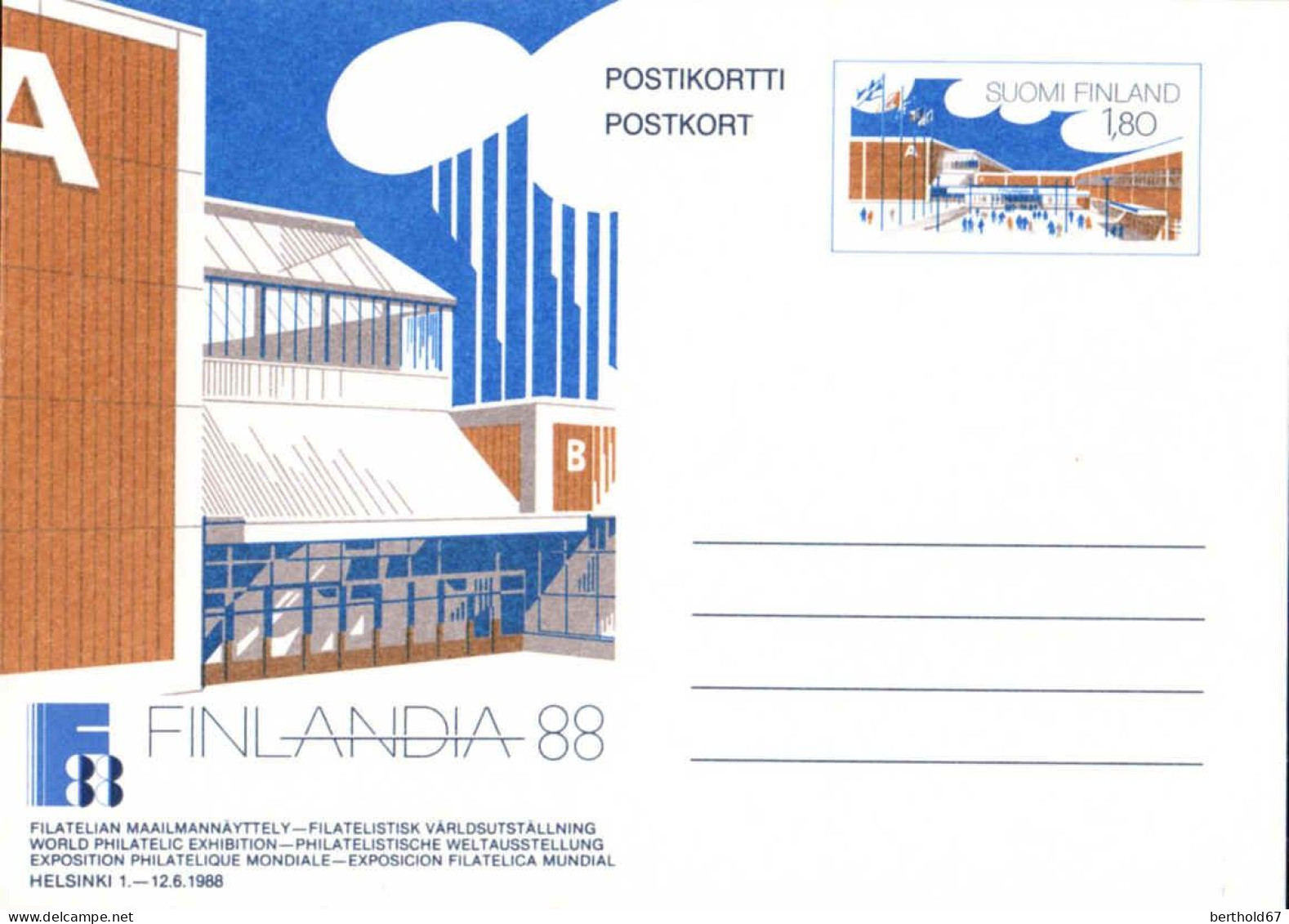 Finlande Entier-P N** (1988-4) Postikortti Finlandia 88 Helsinki 1-12.6.1988 1,80 - Postal Stationery