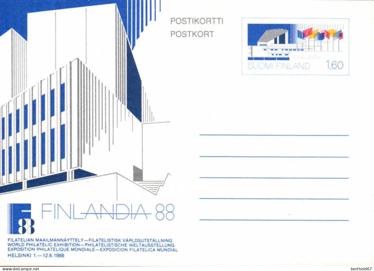 Finlande Entier-P N** (1988-2) Postikortti Finlandia 88 Helsinki 1-12.6.1988 1,60 - Enteros Postales