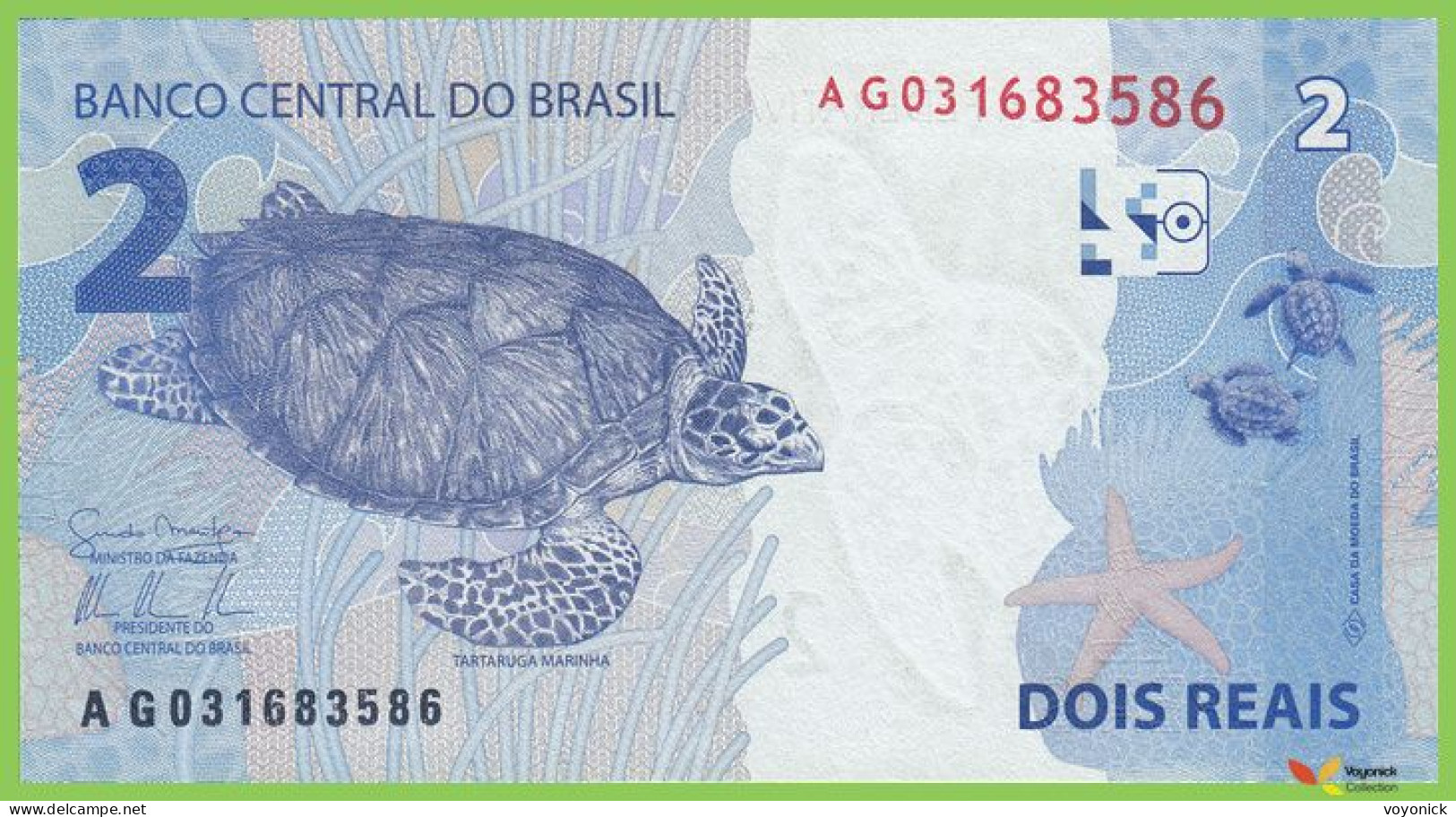 Voyo BRAZIL 2 Reais 2010(2013) P252a B874a AG UNC Turtle - Brésil