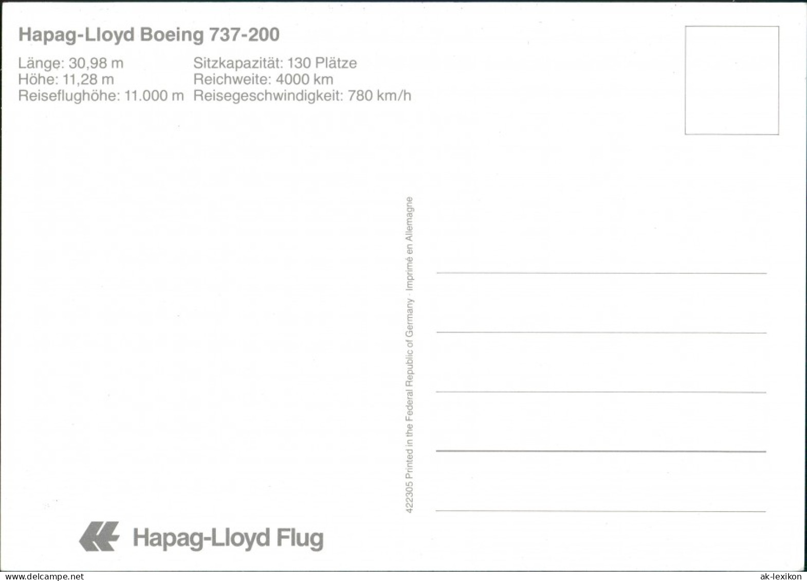 Ansichtskarte  Hapag-Lloyd Boeing 737-200 Flugwesen - Flugzeuge 198 - ....-1914: Précurseurs