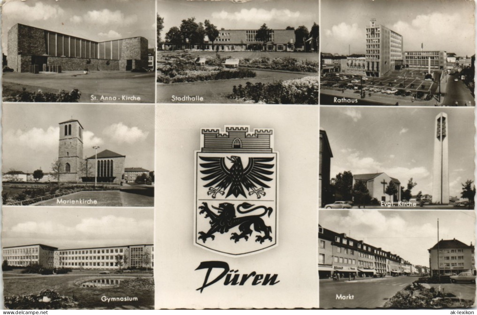 Ansichtskarte Düren Mehrbild-AK Ua. Kirchen, Stadthalle, Gymnasium Uvm. 1965 - Dueren