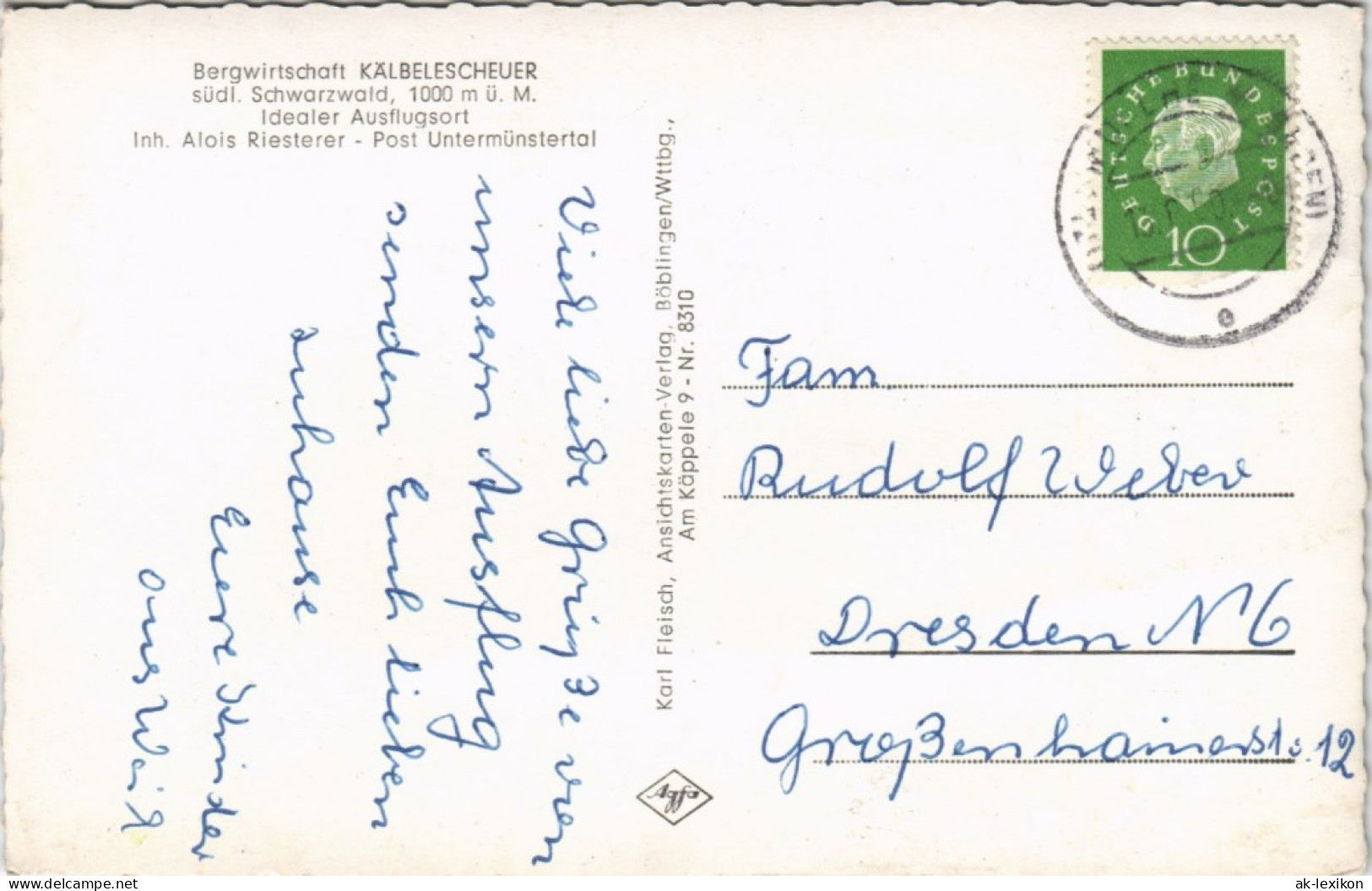 Münstertal/Schwarzwald Bergwirtschaft KALBELESCHEUER Inh.  Riesterer Post  1960 - Münstertal