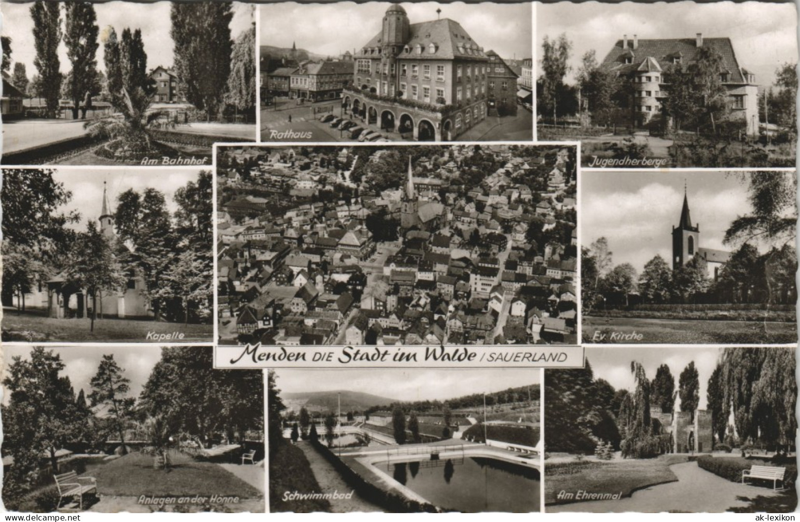 Menden (Sauerland) Mehrbild-AK Ua. Bahnhof, Kapelle, Luftaufnahme Uvm. 1967 - Menden