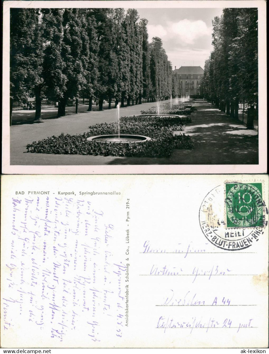 Ansichtskarte Bad Pyrmont Kuranlagen Kurpark Mit Springbrunnen-Allee 1953 - Bad Pyrmont