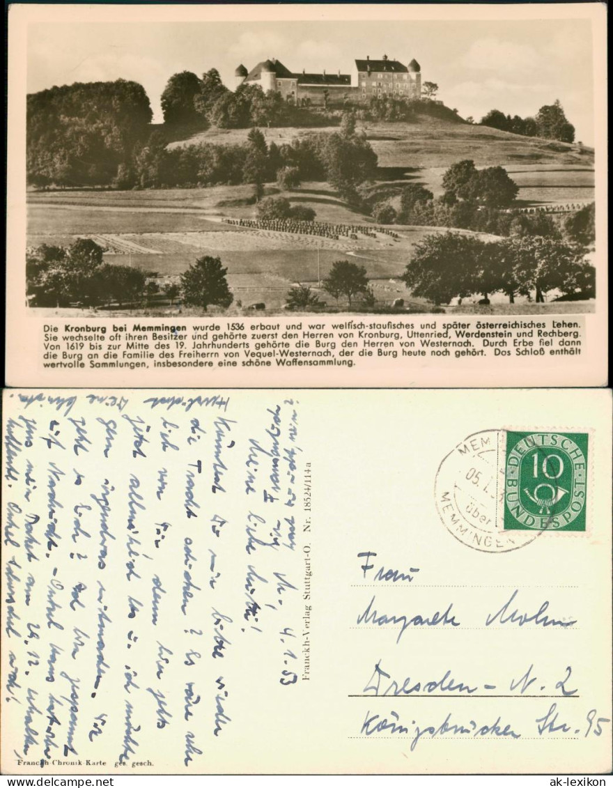 Ansichtskarte Memmingen Umland-Ansicht Mit Blick Auf Die Kronburg 1953 - Memmingen