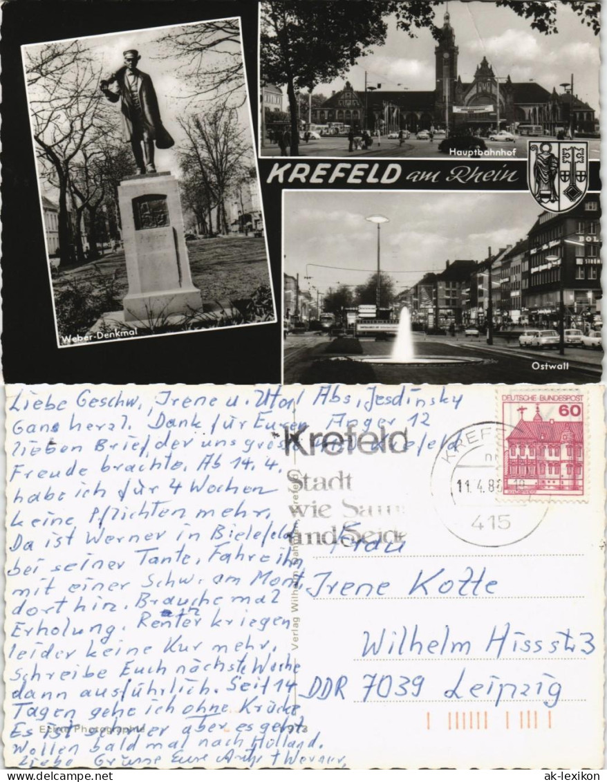 Krefeld Crefeld Mehrbild-AK Mit Hauptbahnhof, Weber-Denkmal, Ostwall 1986/1960 - Krefeld