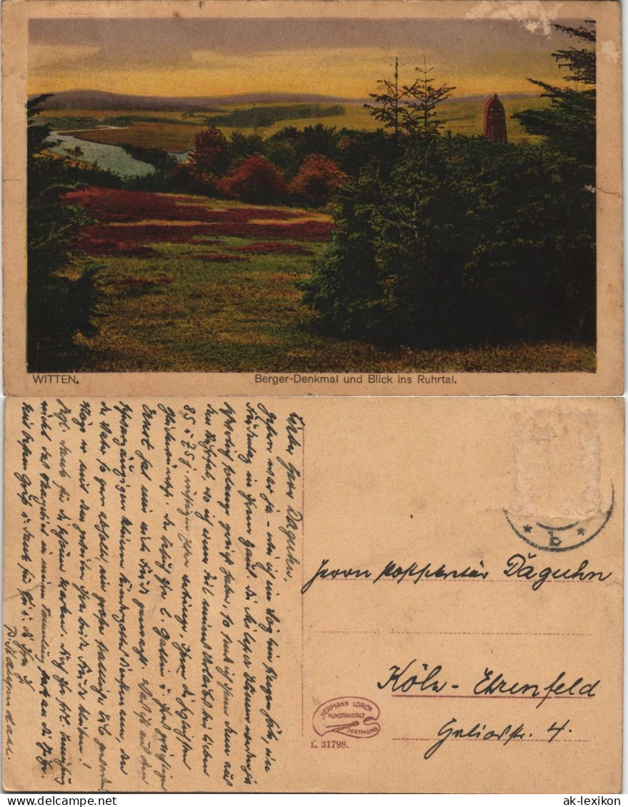 Ansichtskarte Witten (Ruhr) Berger-Denkmal Und Blick Ins Ruhrtal 1924 - Witten