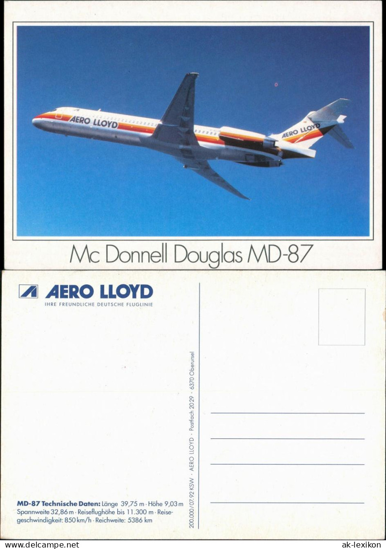 Ansichtskarte  MD-87 Flugzeug Der Aero Lloyd, Airplane Photo-Card 1992 - 1946-....: Modern Era