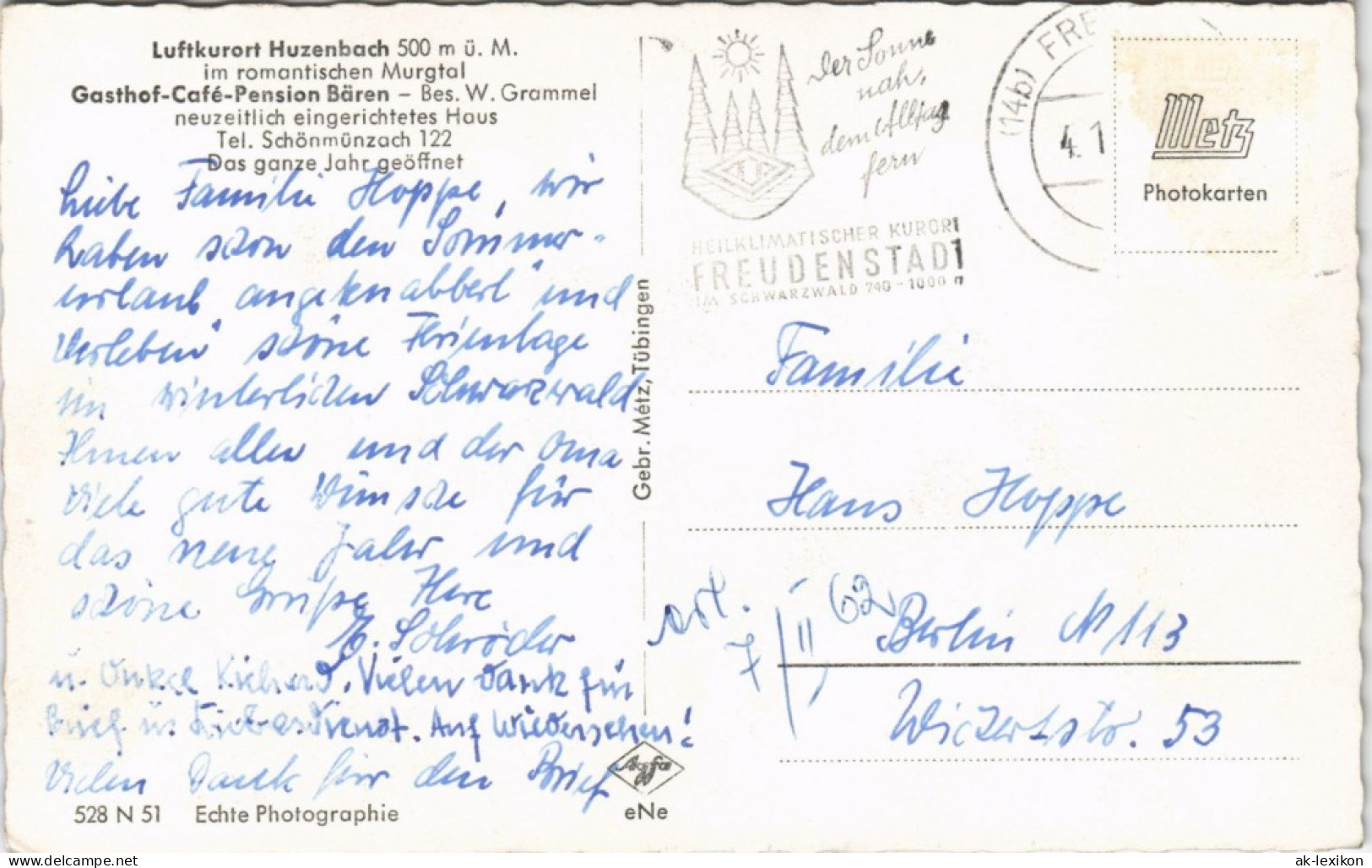 Ansichtskarte Huzenbach-Baiersbronn Gasthof-Café-Pension Bären 1961 - Baiersbronn