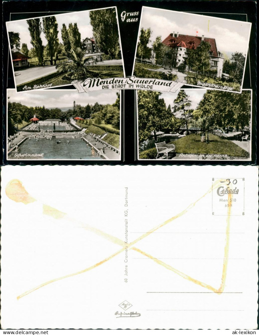 Menden (Sauerland) Mehrbild-AK Mit Bahnhof, Jugendherberge, Schwimmbad 1961 - Menden