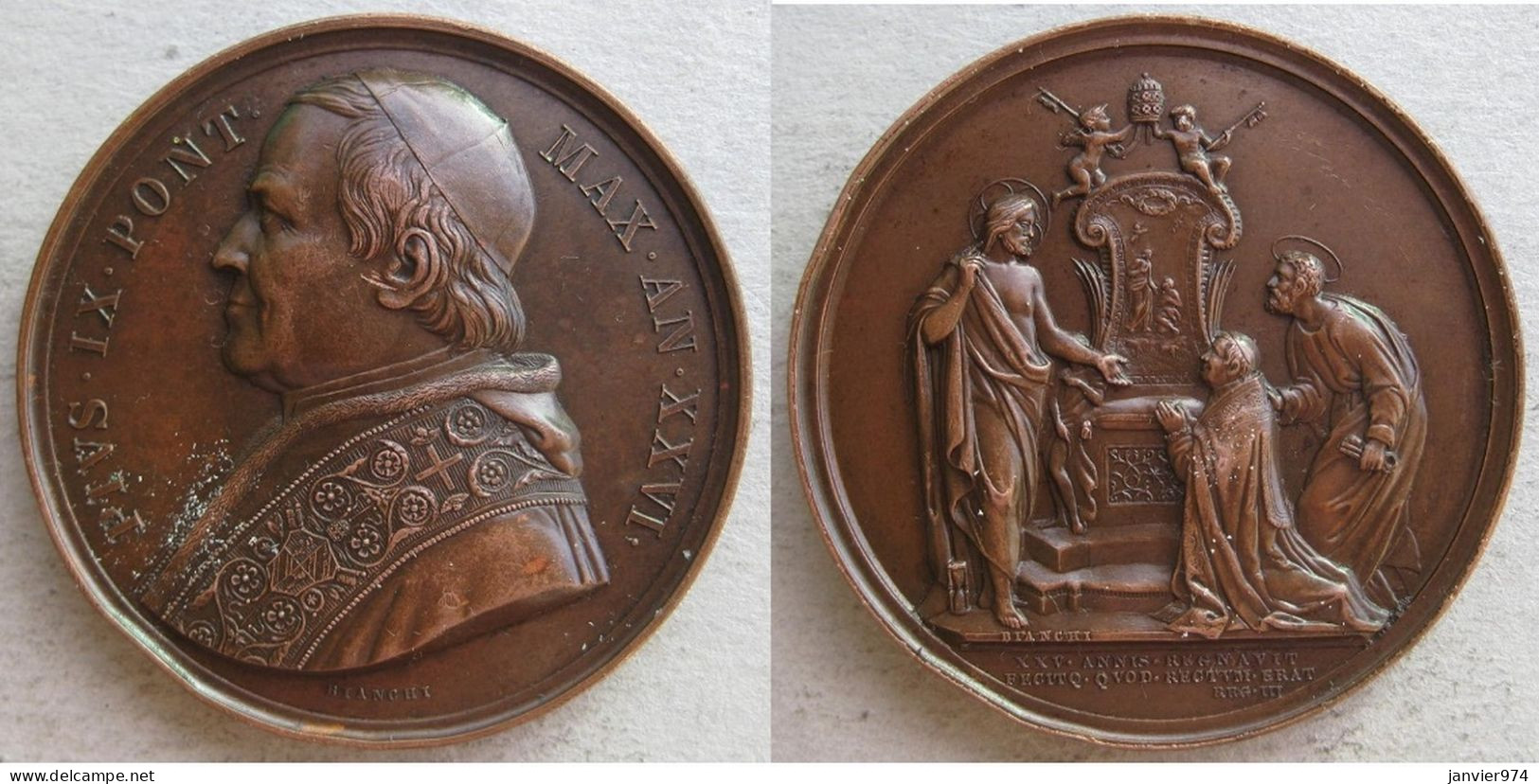 Médaille En Bronze Pie IX 1871 An XXVI . Cattedra Di S. Pietro , Tra Cristo E L’Apostolo , Par Bianchi - Autres & Non Classés