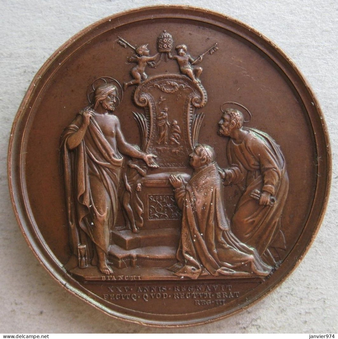 Médaille En Bronze Pie IX 1871 An XXVI . Cattedra Di S. Pietro , Tra Cristo E L’Apostolo , Par Bianchi - Autres & Non Classés