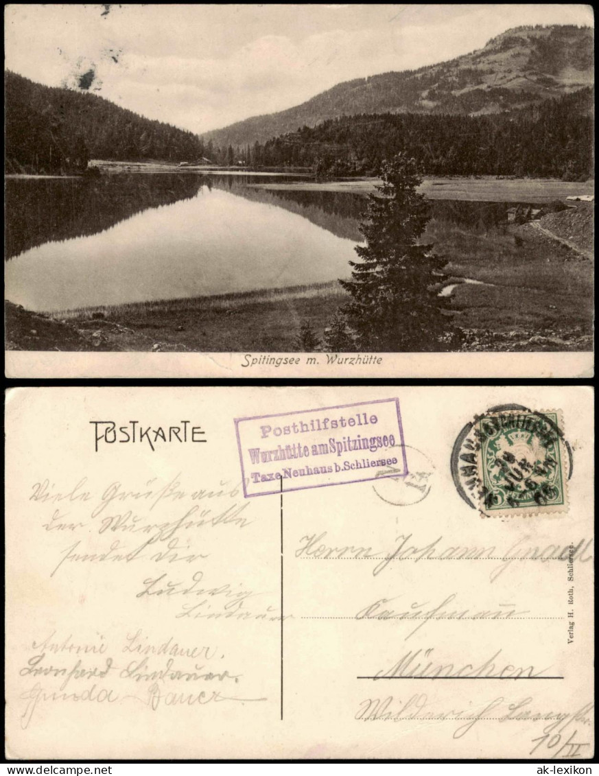 Ansichtskarte Spitzingsee-Schliersee 1908  Gel. Posthilfstelle Wurzhütte - Schliersee