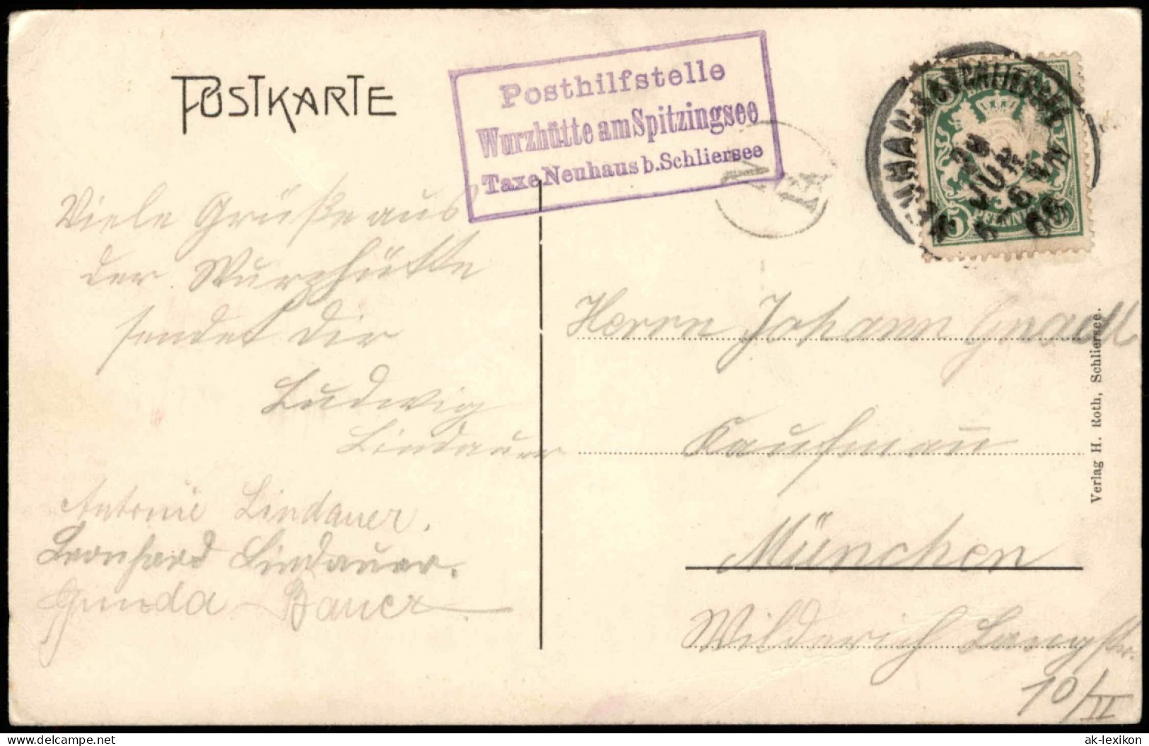 Ansichtskarte Spitzingsee-Schliersee 1908  Gel. Posthilfstelle Wurzhütte - Schliersee