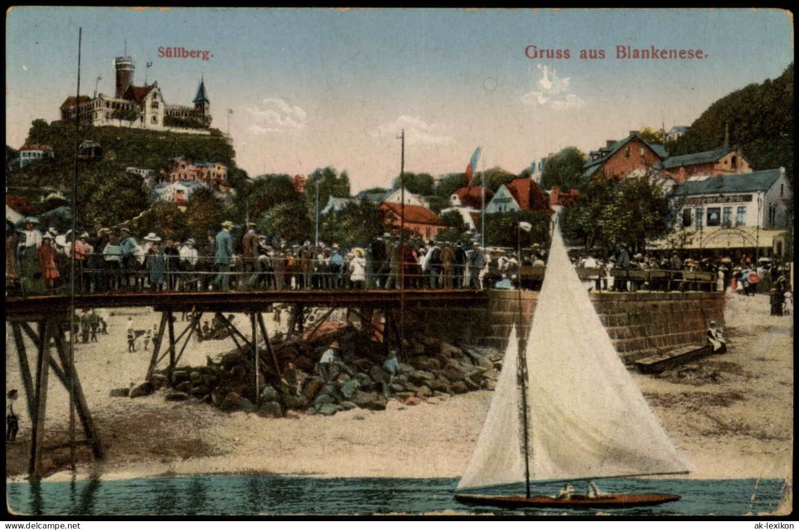 Ansichtskarte Blankenese-Hamburg Elbe Strand Belebt, Blick Zum Süllberg 1938 - Blankenese