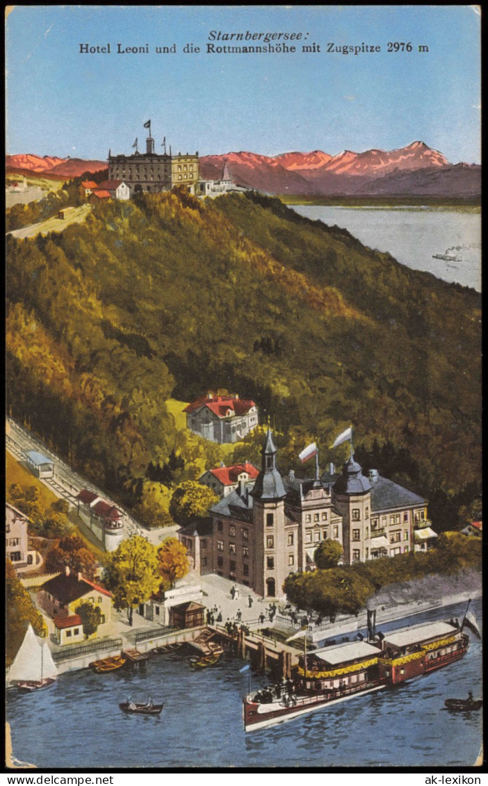 Ansichtskarte Starnberg Hotel Leoni Rottmannshöhe Zugspitze Dampfer 1913 - Starnberg