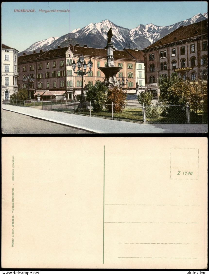 Innsbruck Margarethenplatz, Denkmal, Im Hintergrund Alpen-Berge 1910 - Innsbruck