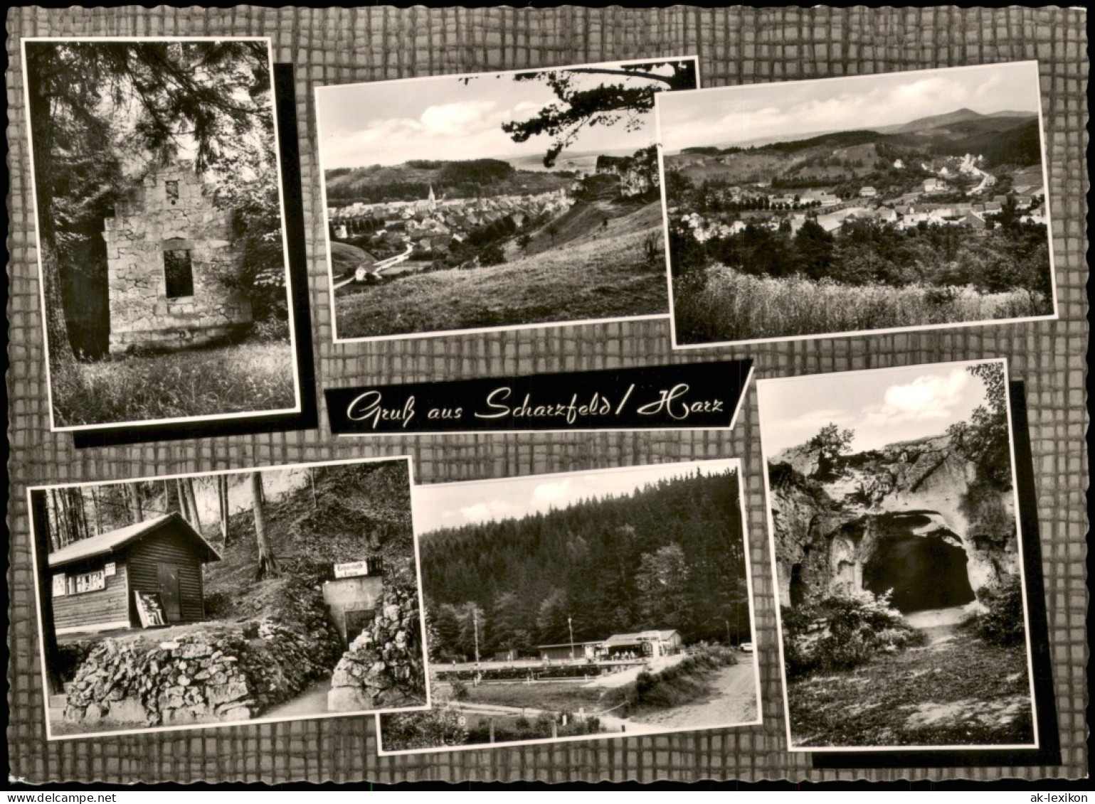 Ansichtskarte Scharzfeld-Herzberg (Harz) MB: Stadt, Schwimmbad, Hütte 1965 - Herzberg