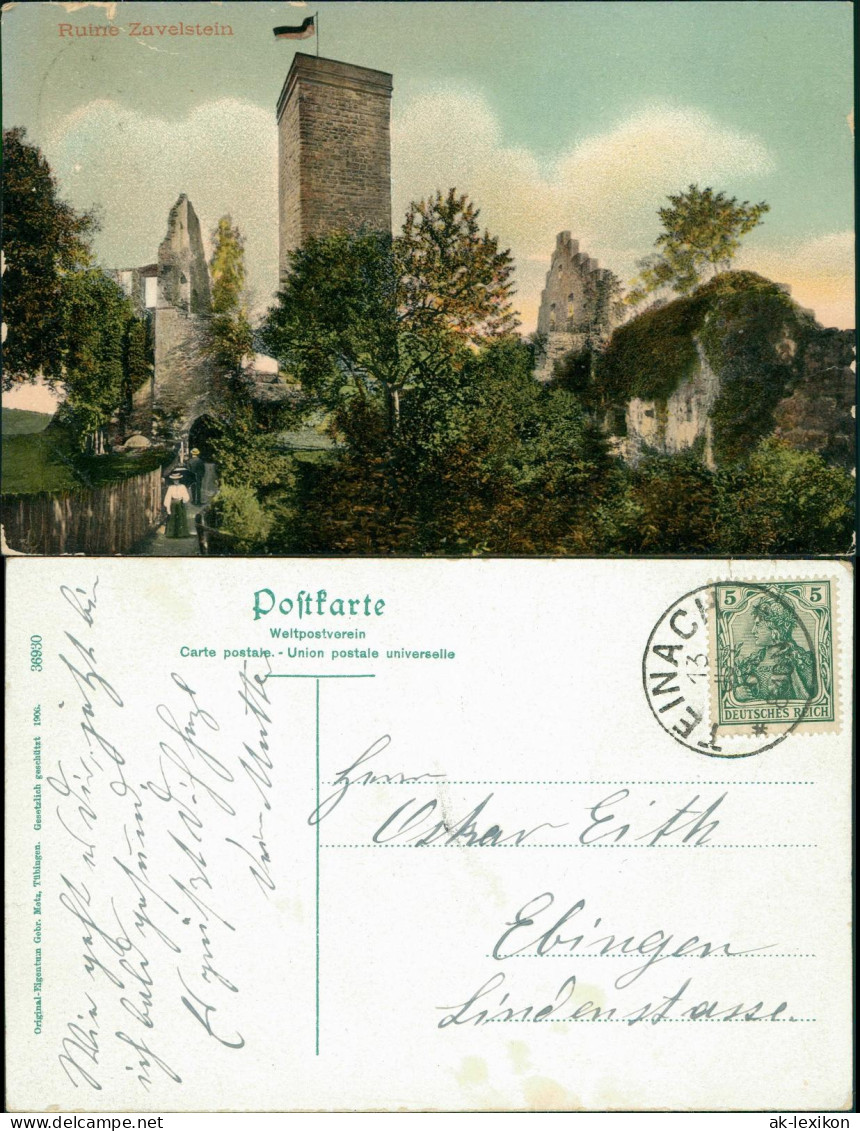 Ansichtskarte Bad Teinach-Zavelstein Burgruine 1913 Stempel  Nach Ebingen - Bad Teinach