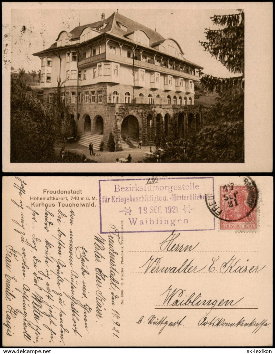 Freudenstadt Kurhaus Teuchelwald 1921  Gel. Bezirksversorgungsstelle Waiblingen - Freudenstadt