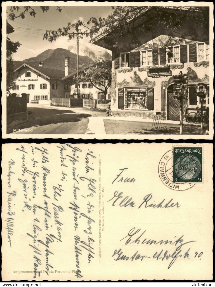 Ansichtskarte Mittenwald Straße, Bäckerei, Buchbinderei 1938 - Mittenwald