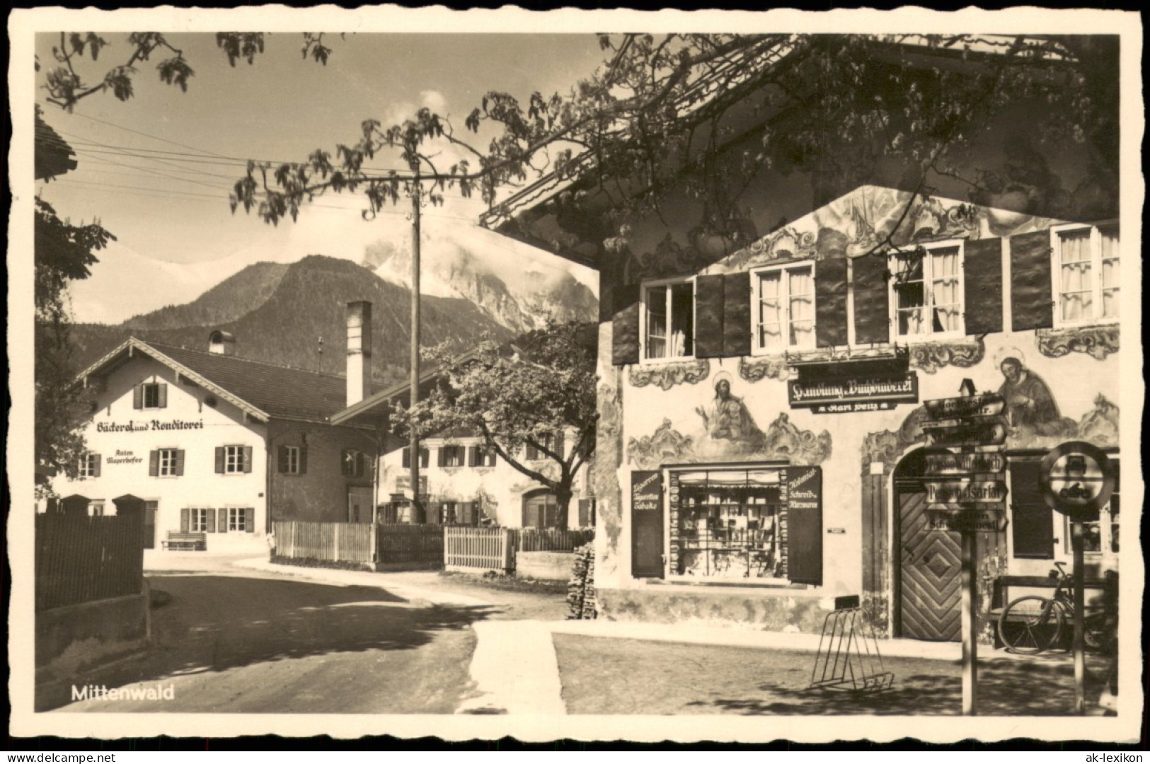 Ansichtskarte Mittenwald Straße, Bäckerei, Buchbinderei 1938 - Mittenwald