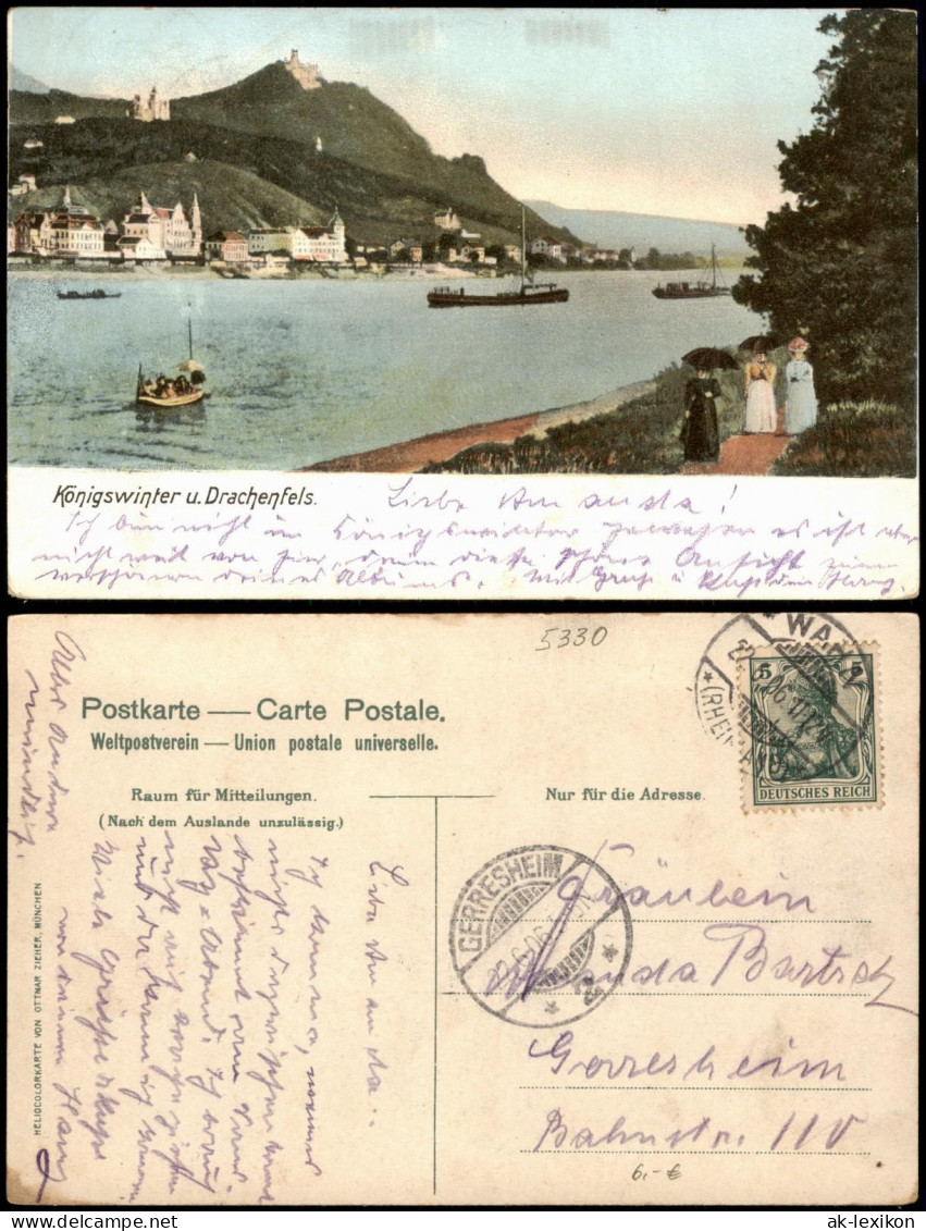 Ansichtskarte Königswinter Drachenfels Vom Rhein Gesehen 1906 (Ankunftsstempel) - Koenigswinter