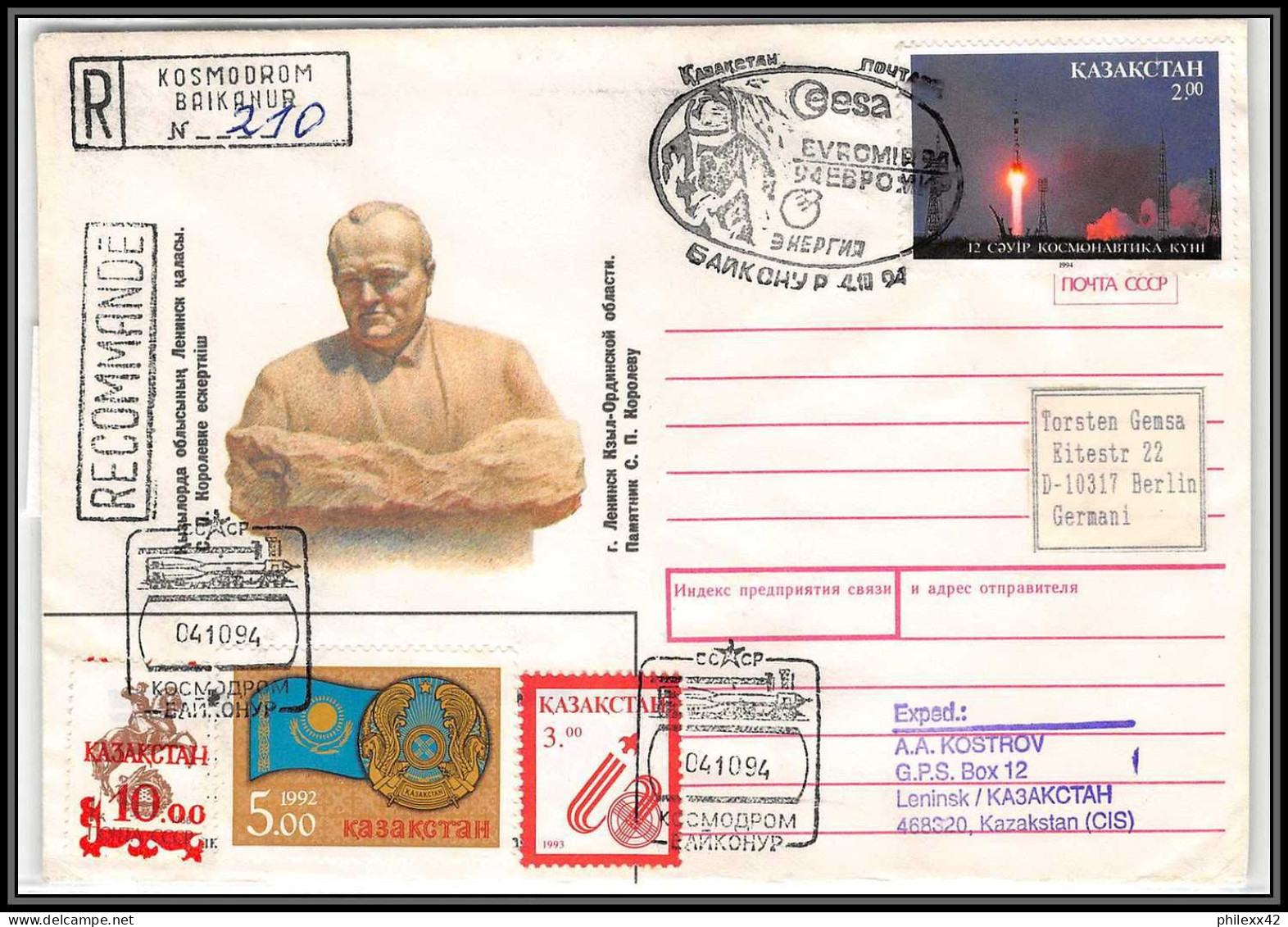 1730 Espace Space Lettre (cover Briefe) Kazakhstan 4/10/1995 Soyuz Soyouz Sojus Korolev Rare Recommandé Registered - Asie