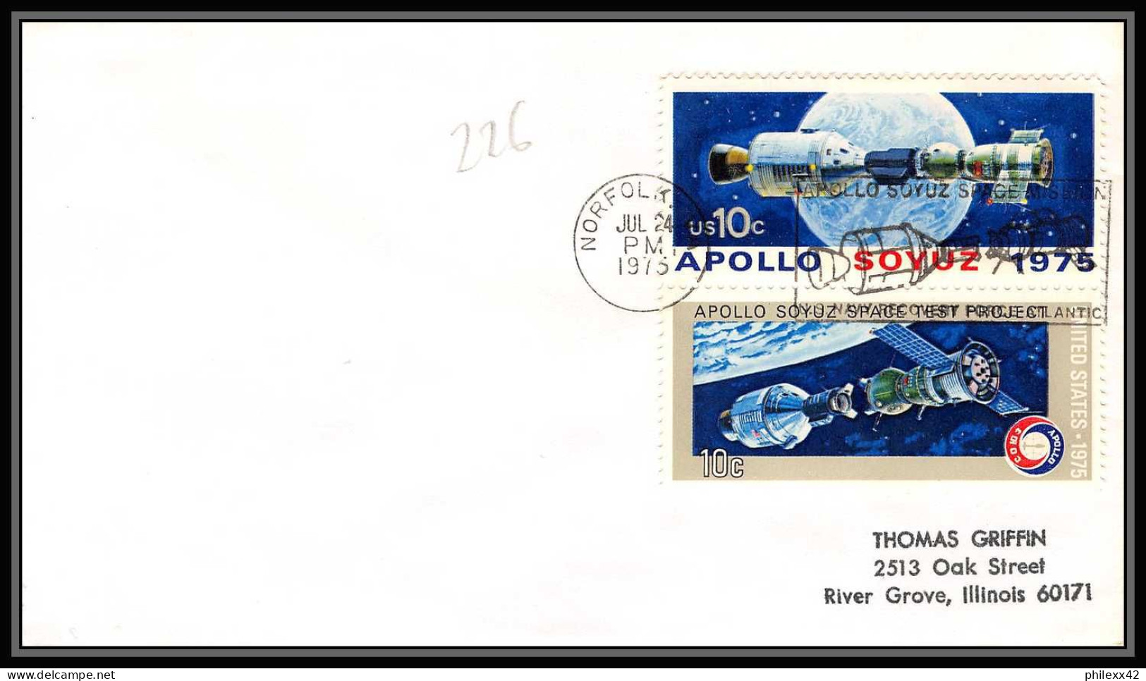 0226/ Espace (space Raumfahrt) Lettre (cover Briefe) USA N° 24/7/1975 NORFOLK Apollo Soyuz (soyouz Sojus) Project - Stati Uniti