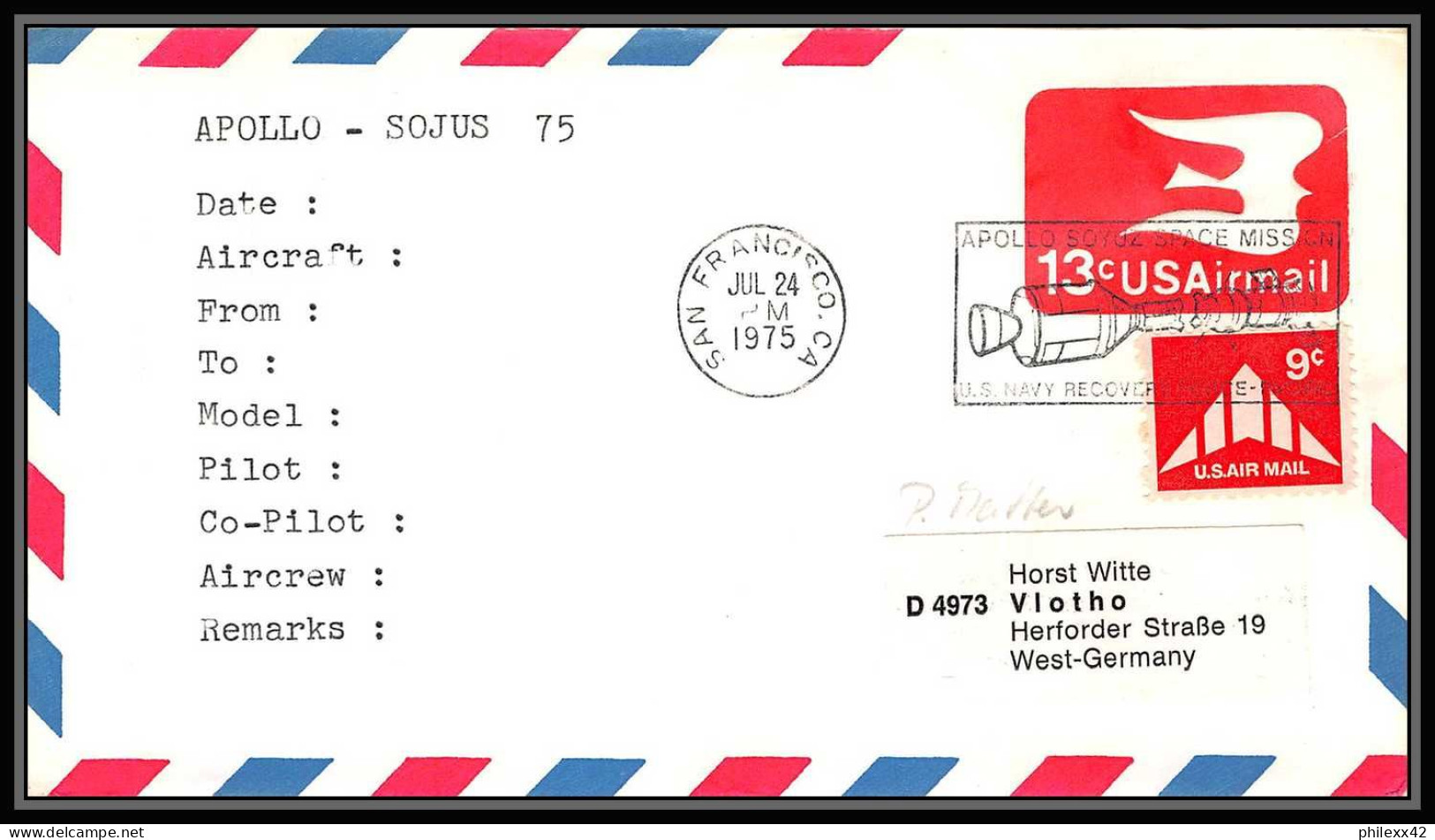 0164/ Espace Space Entier Postal Stationery USA 24/7/1975 Apollo Soyuz (soyouz Sojus) Project - Etats-Unis