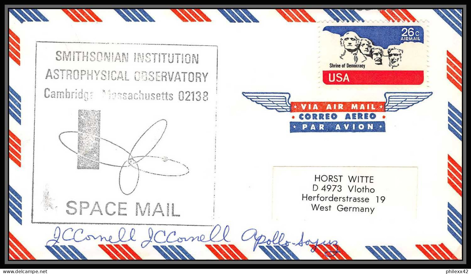 0134/ Espace (spacet) Lettre Cover Signé (signed Autograph) USA 15/7/1975 Apollo Soyuz (soyouz) Cambridge  - Stati Uniti