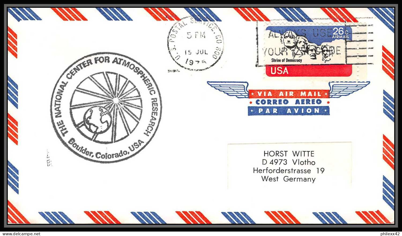 0137/ Espace (space Raumfahrt) Lettre (cover Briefe) USA 15/7/1975 Apollo Soyuz (soyouz) ATMOSPHERIC RESEARCH BOULER - Estados Unidos