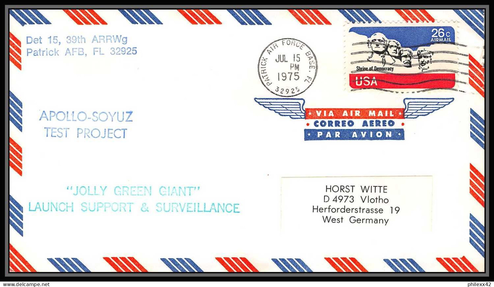 0128/ Espace (space Raumfahrt) Lettre (cover Briefe) USA 15/7/1975 Apollo Soyuz (soyouz Sojus) Project Jolly Green Giant - Stati Uniti