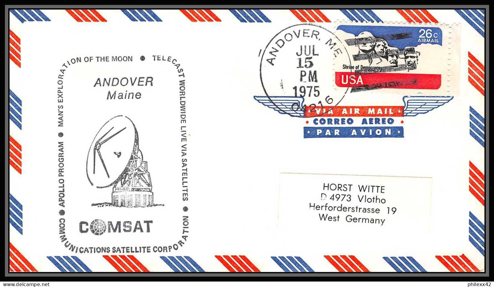 0130/ Espace (space Raumfahrt) Lettre (cover Briefe) USA 15/7/1975 Apollo Soyuz (soyouz Sojus) Pr ANDOVER COMSAT - Stati Uniti