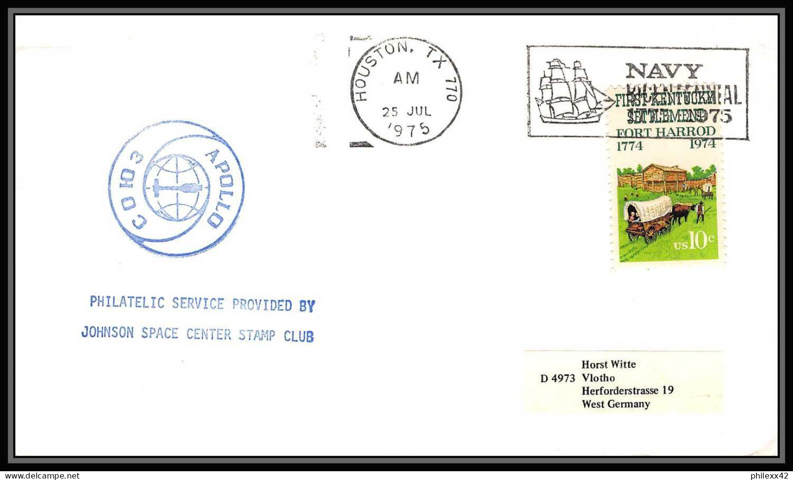 0074/ Espace (space Raumfahrt) Lettre (cover Briefe) USA 25/7/1975 Apollo Soyuz (soyouz Sojus) Johnson Center Bleu NAVY - USA