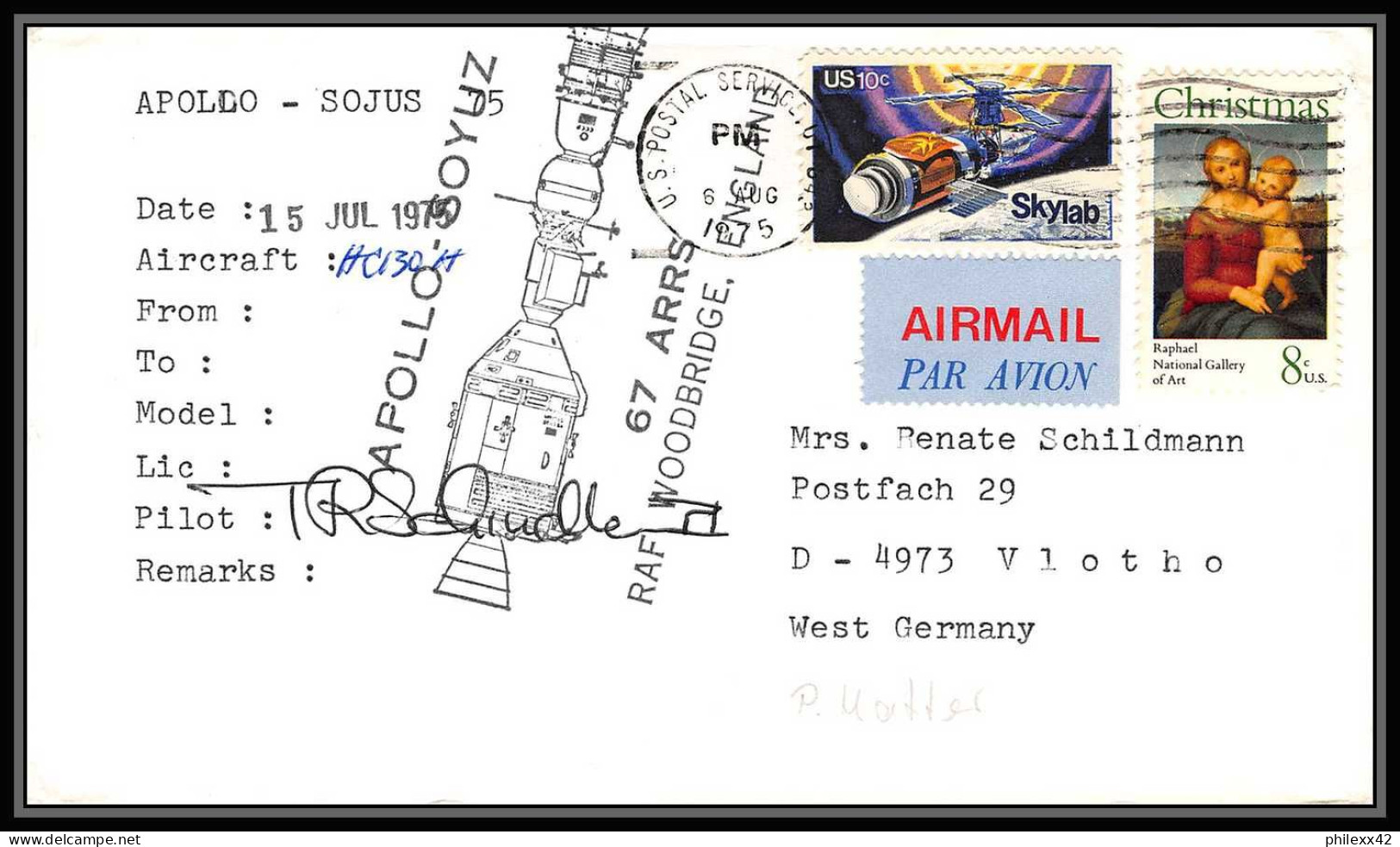 0047/ Espace (space Raumfahrt) Lettre (cover Briefe) USA Skylab 6/8/1975 - Apollo Soyuz (soyouz Sojus) Hc 130h - USA