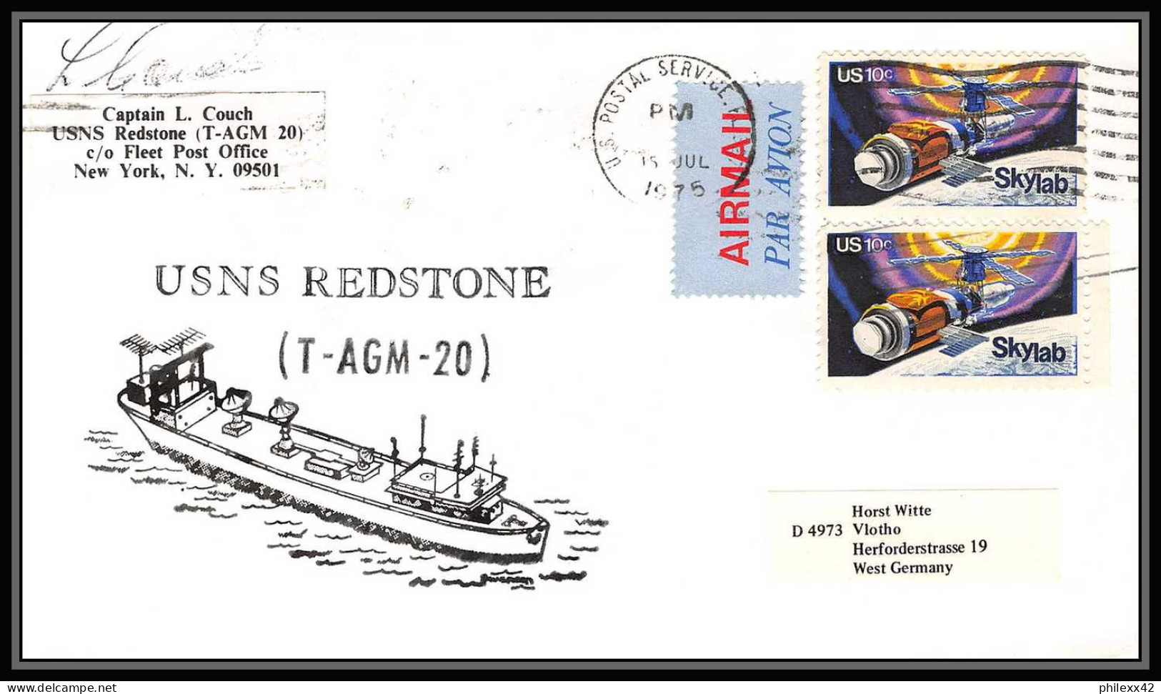 0016/ Espace (space) Lettre Cover USA Skylab Signé (signed Autograph) 15/7/1975 Apollo Program USNS REDSTONE T-agm-20 - Stati Uniti