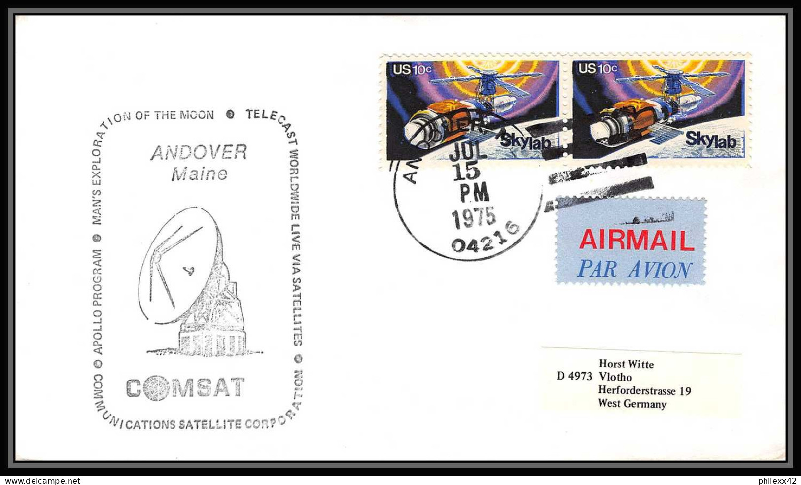 0001/ Espace (space Raumfahrt) Lettre (cover Briefe) USA Skylab 15/7/1975 - COMSAT Andover Apollo Soyuz (soyouz Sojus) - Estados Unidos