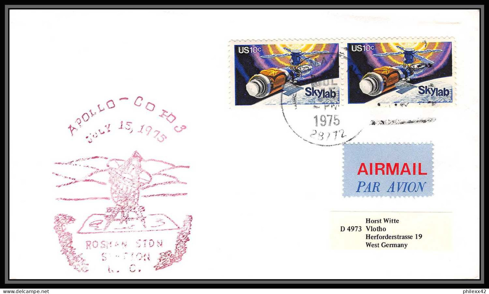 0012/ Espace (space Raumfahrt) Lettre (cover Briefe) USA Skylab Apollo Program 15/7/1975 Rosman - Estados Unidos