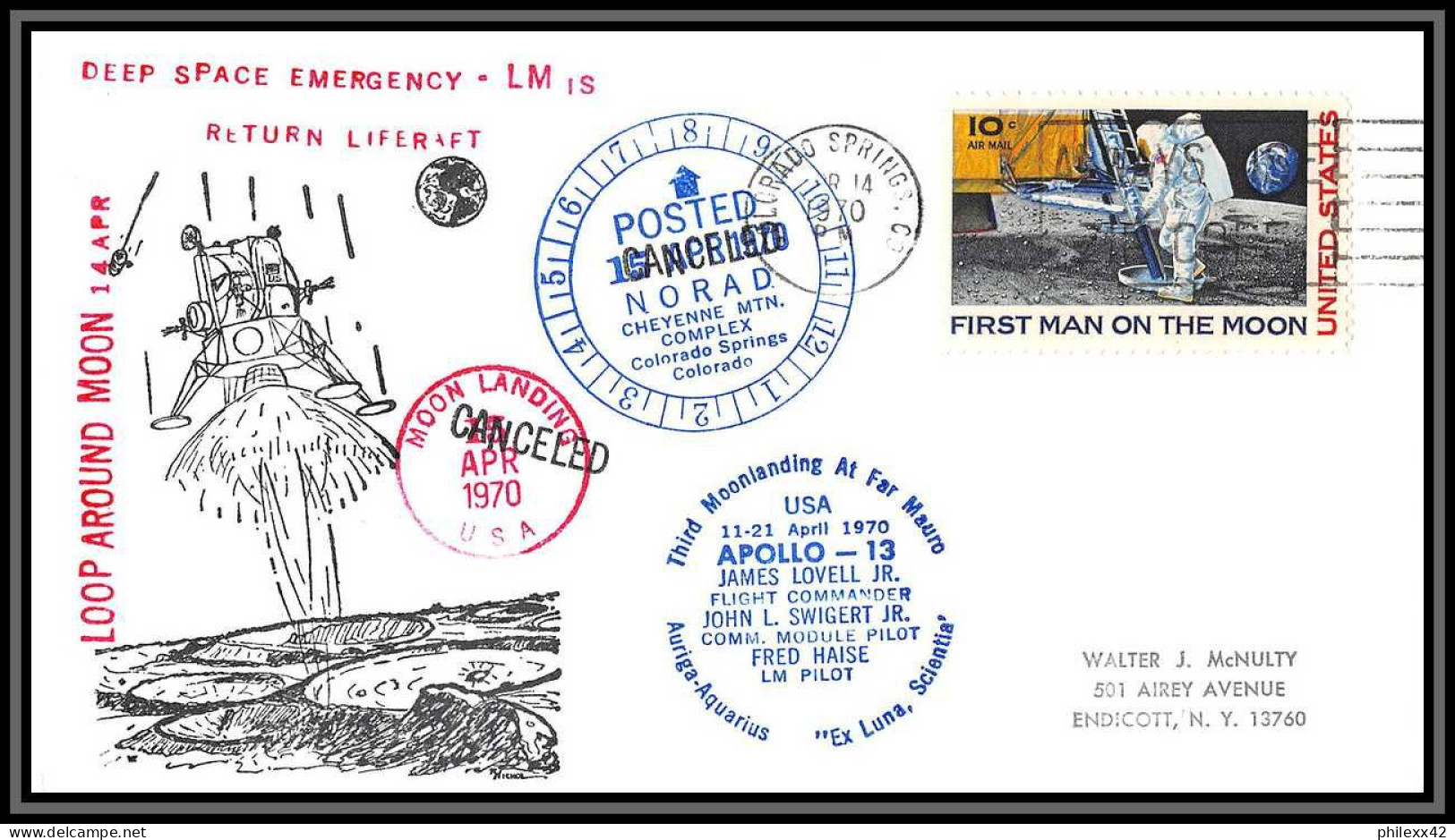 2395 USA Loop Around Moon Norad Apollo 131/4/1970 Tirage 400 Espace (space Raumfahrt) Lettre (cover Briefe)  - Stati Uniti