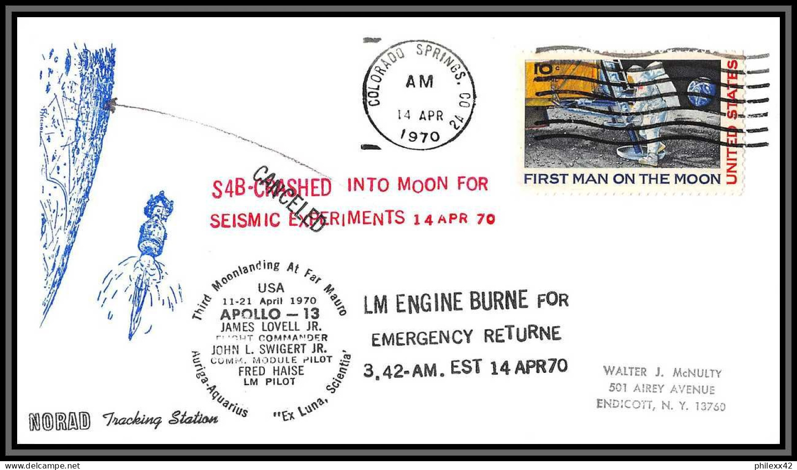 2396 USA Norad Apollo 13 S48 Crashed Into Moon For Seismic 14/4/1970 Tirage 120 Espace Space Lettre (cover)  - Estados Unidos