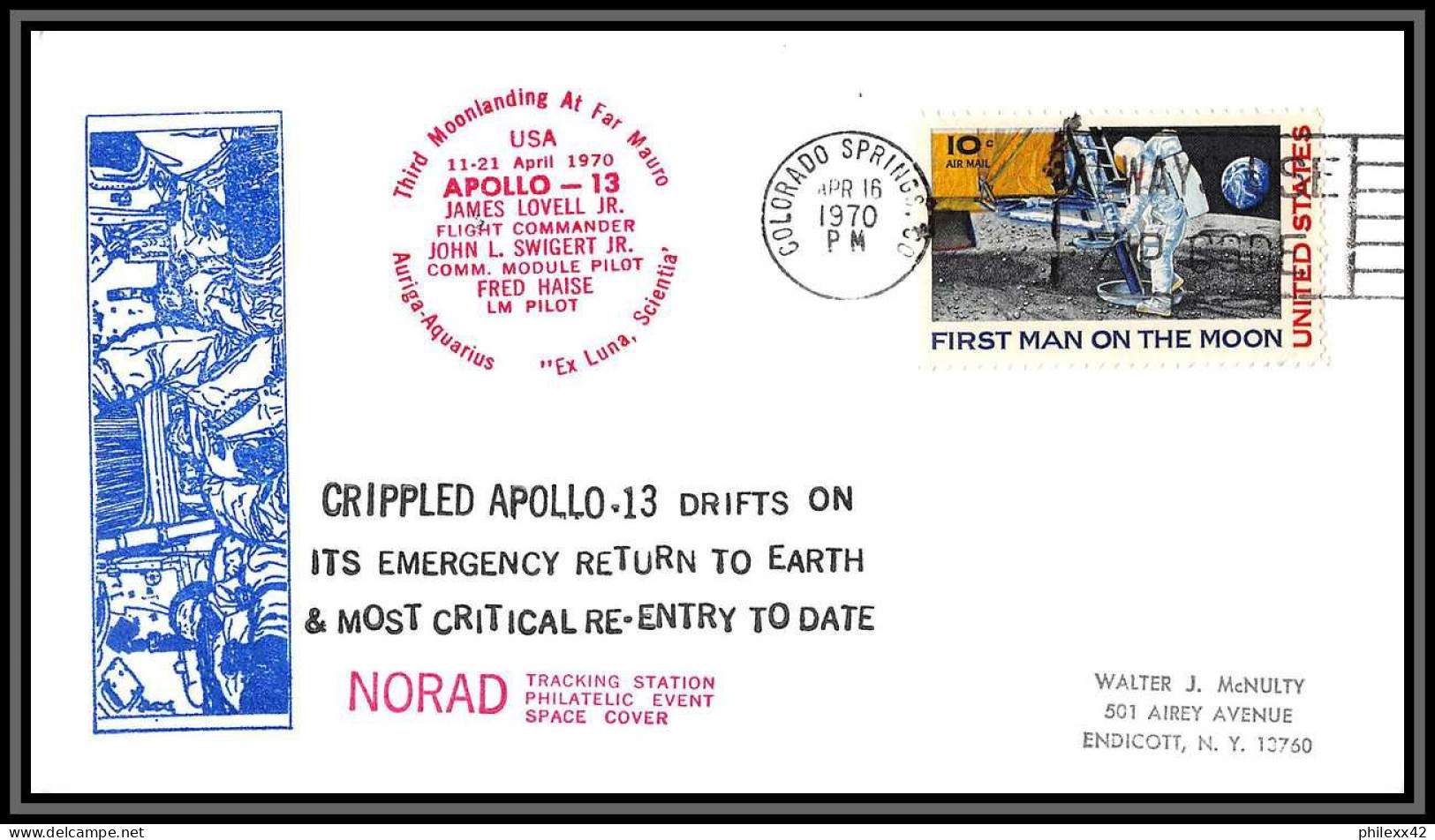 2392 USA- Crippled Apollo 13 Norad 16/4/1970 Tirage 120 Espace (space Raumfahrt) Lettre (cover Briefe)  - Stati Uniti