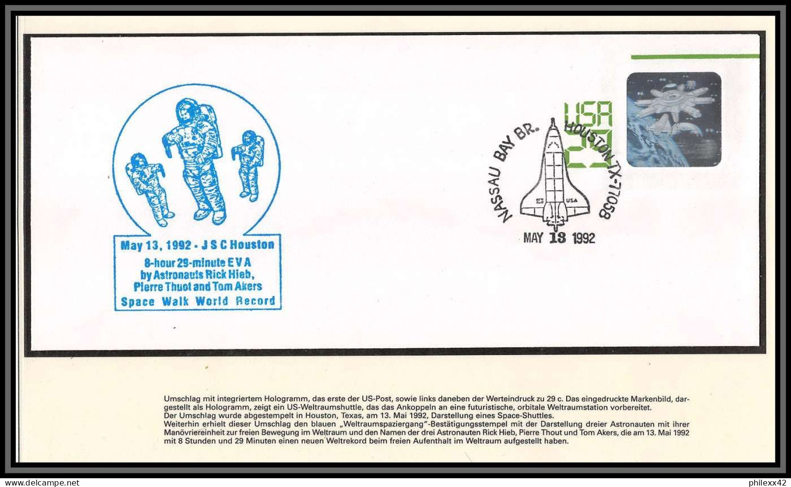 2304X Espace (space) Entier Postal (Stamped Stationery) Usa 13/5/1992 Space Shuttle Nassau Walk Wold Record - Etats-Unis