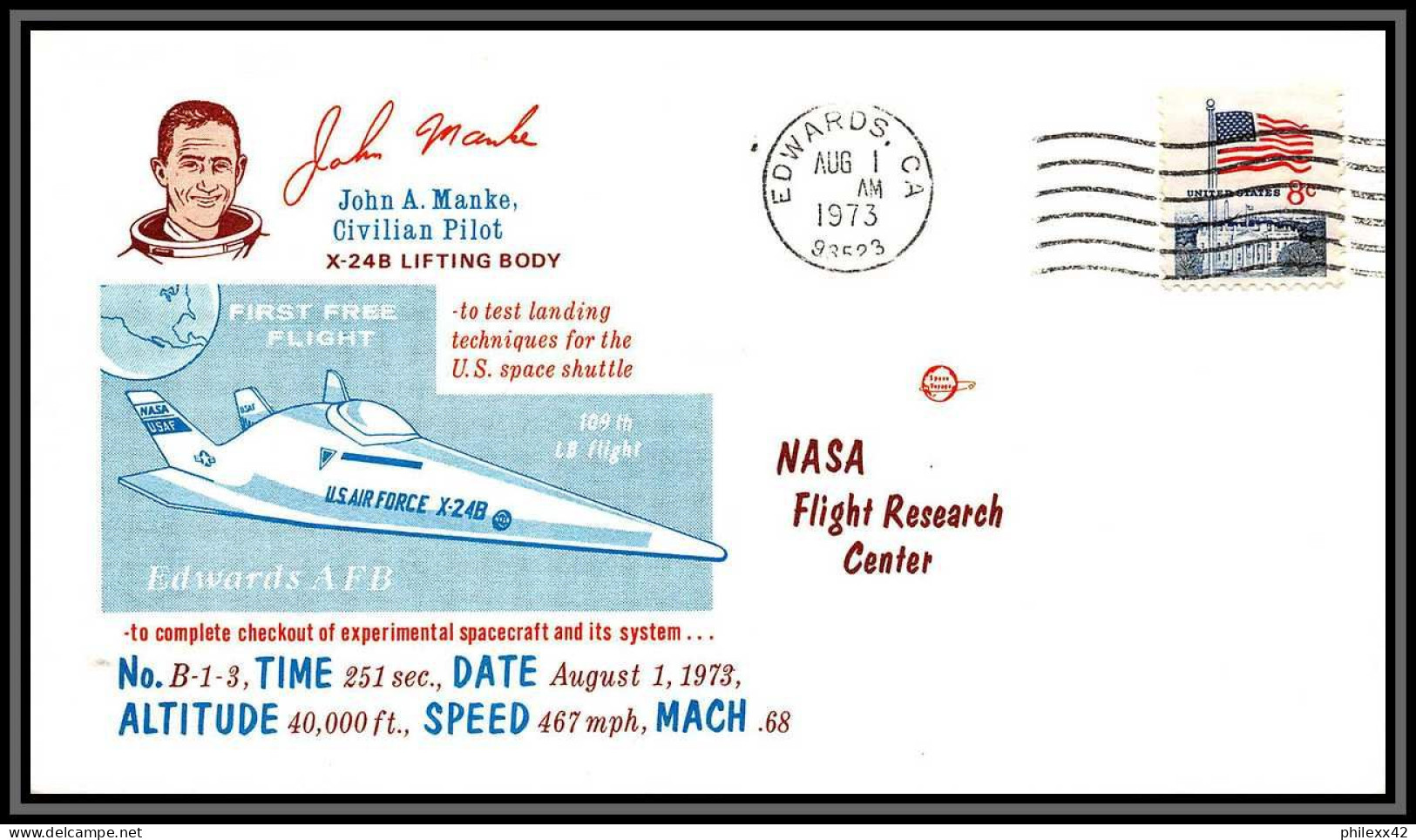 2291 Espace (space Raumfahrt) Lettre (cover Briefe) USA X 24 B Lifting Body Flight Test Edwards Manke 1/8/1973 - Stati Uniti