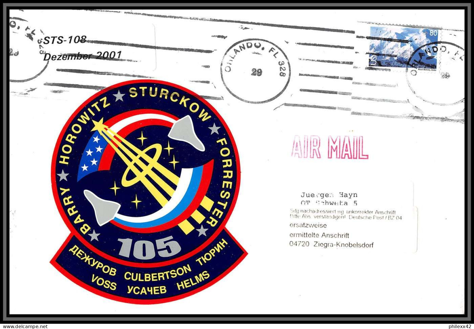 2288 Espace (space Raumfahrt) Lettre (cover Briefe) USA Lettre Geante I.S.S. Expédition 4 - STS 108 29/12/2001 Sticker - Stati Uniti