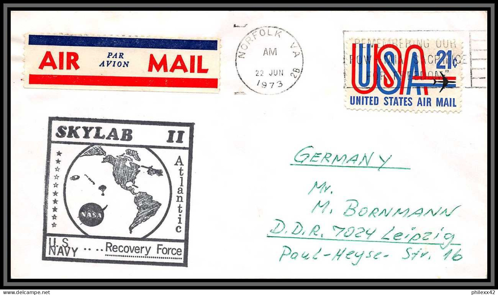 2231 Espace (space Raumfahrt) Lettre (cover Briefe) USA Skylab 2 Norfolk Atlantic 22/6/1973 - United States