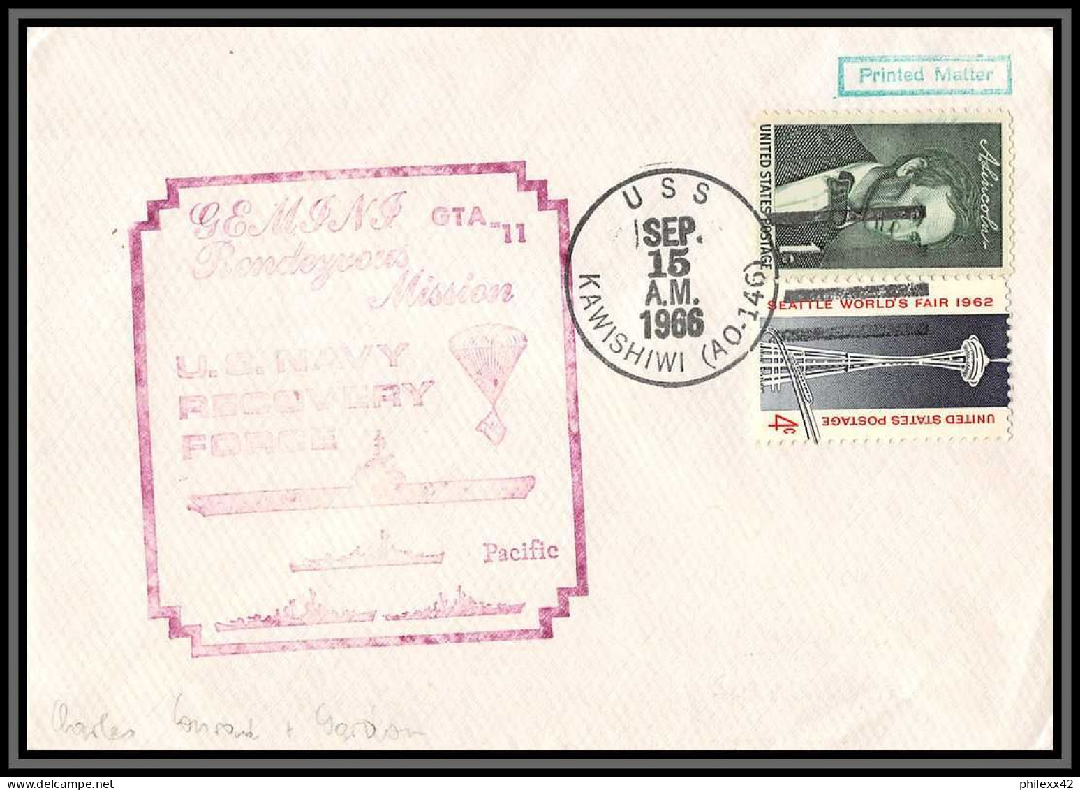 2083 Espace (space Raumfahrt) Lettre (cover Briefe) USA Gemini 11 (GTA 11) - TITAN 2 Pacific Kawishiwi 15/9/1965 - Stati Uniti