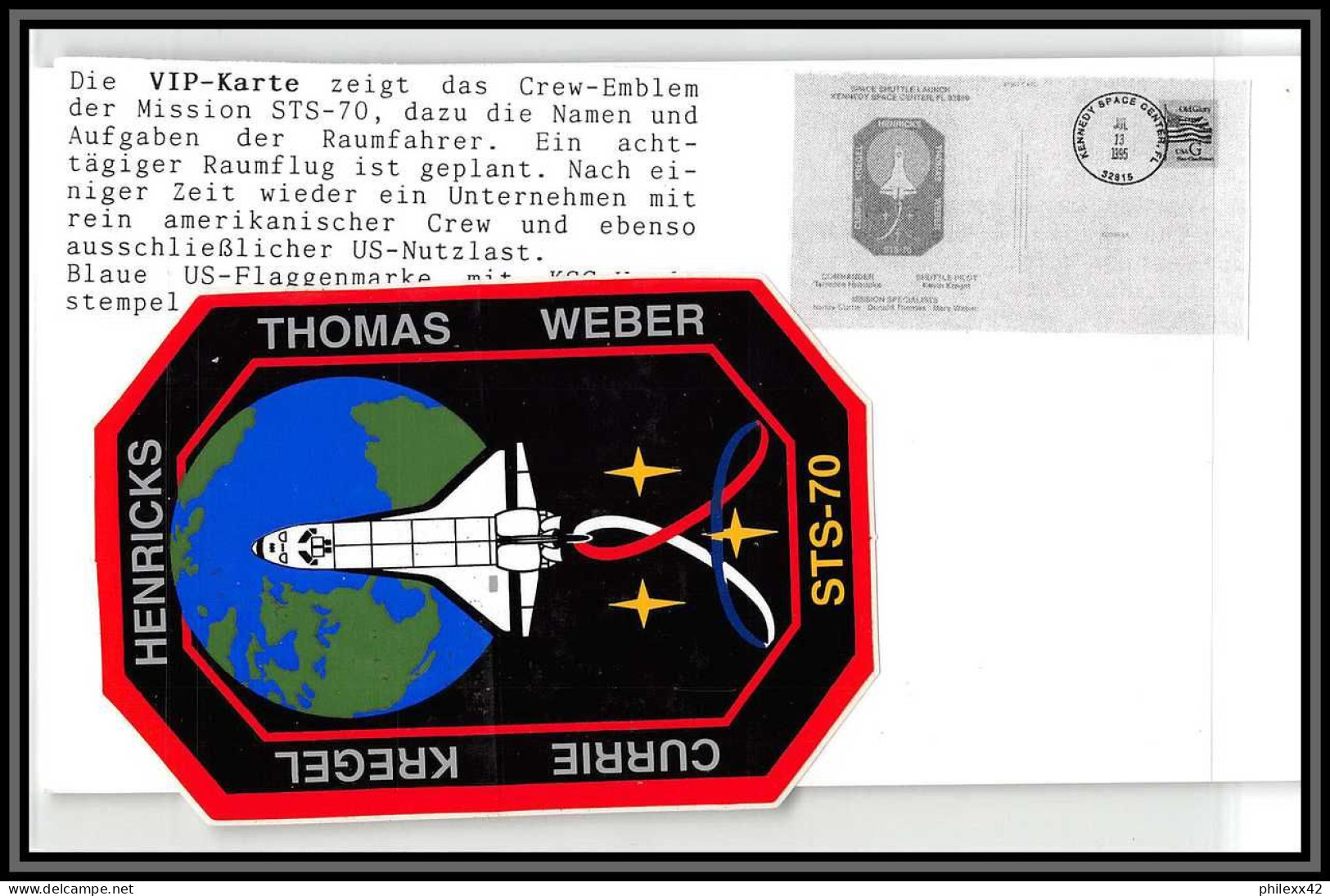 2138 Espace (space Raumfahrt) Lettre (cover) USA - STS 70 Discovery Shuttle (navette) 13/7/1995 + Stickers (autocollant) - Etats-Unis