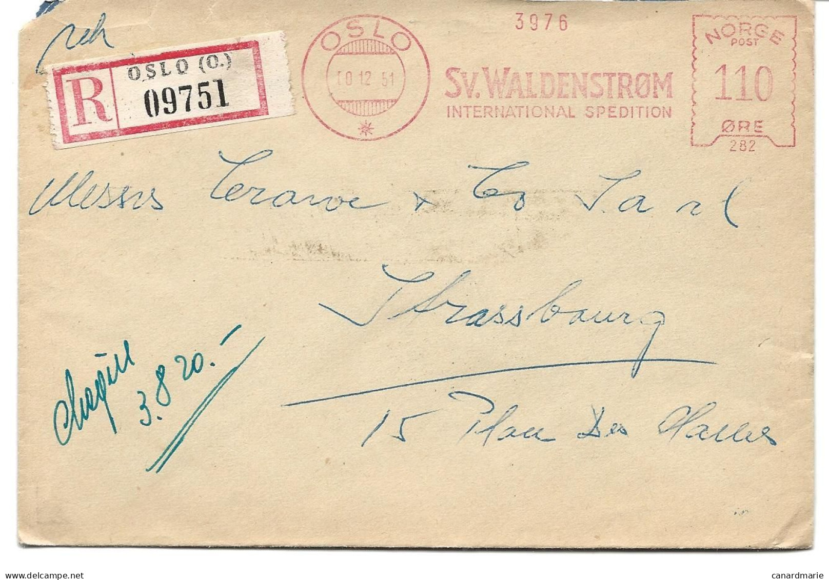 LETTRE RECOMMANDEE 1951 AVEC CACHET DE MACHINE A AFFRANCHIR OSLO SV. WALDENSTROM - Briefe U. Dokumente